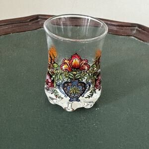 Vintage Floral Shot Glass Cordial Folk Art Bavarian Footed Raised Bottom 2.5"